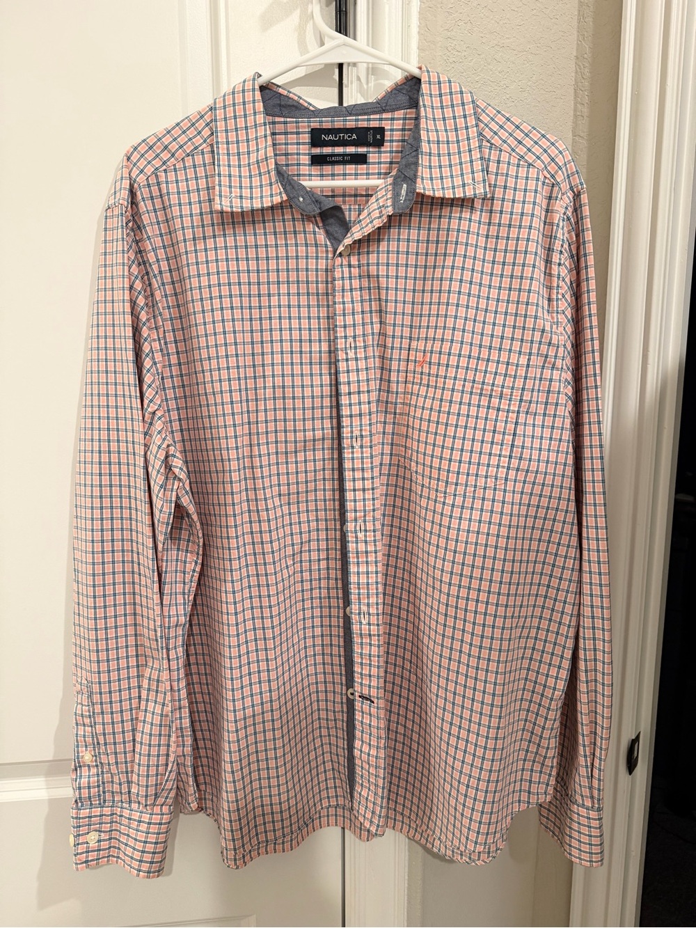 Nautica Men’s Pink and Blue Plaid Button-Up Shirt